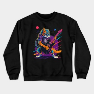 Retrowave Rockstar Cat Crewneck Sweatshirt